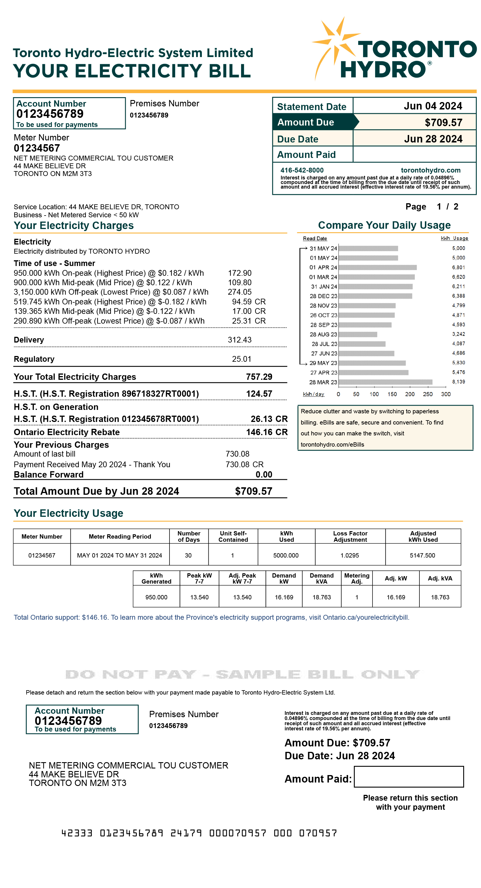 Small commercial net metering Time-of-Use sample bill.